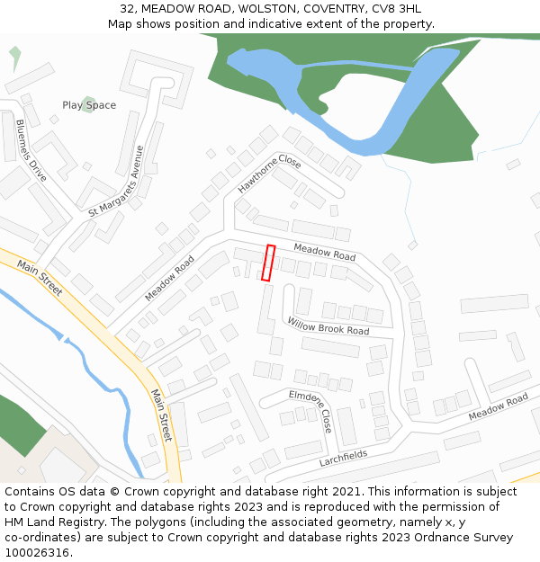 32, MEADOW ROAD, WOLSTON, COVENTRY, CV8 3HL: Location map and indicative extent of plot