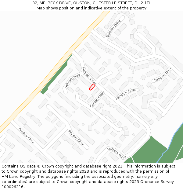 32, MELBECK DRIVE, OUSTON, CHESTER LE STREET, DH2 1TL: Location map and indicative extent of plot