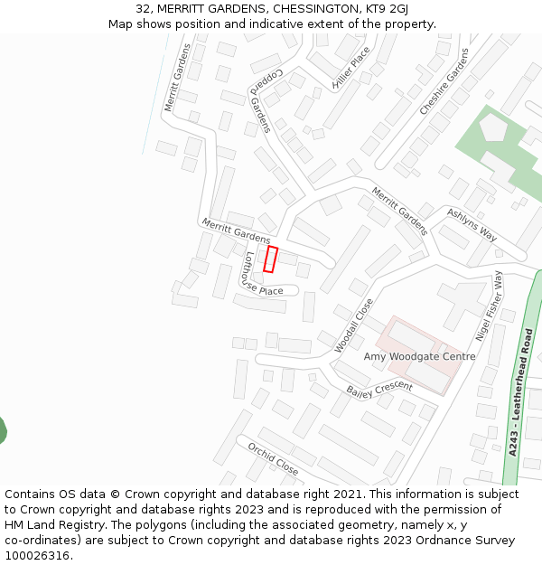 32, MERRITT GARDENS, CHESSINGTON, KT9 2GJ: Location map and indicative extent of plot