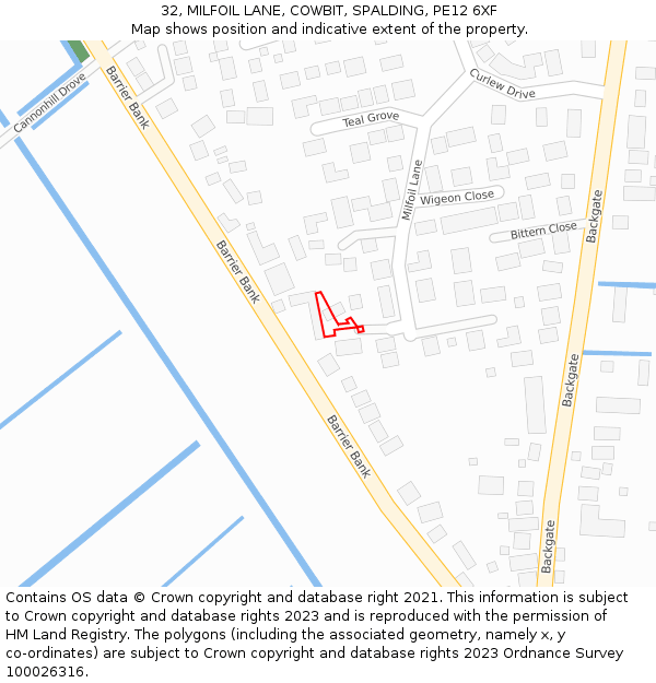 32, MILFOIL LANE, COWBIT, SPALDING, PE12 6XF: Location map and indicative extent of plot
