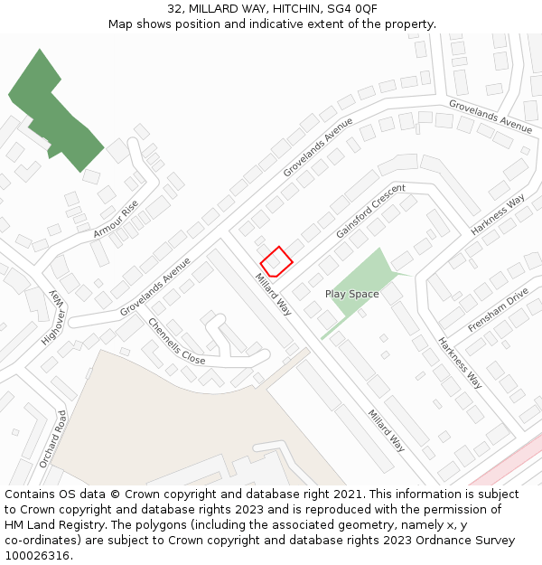 32, MILLARD WAY, HITCHIN, SG4 0QF: Location map and indicative extent of plot