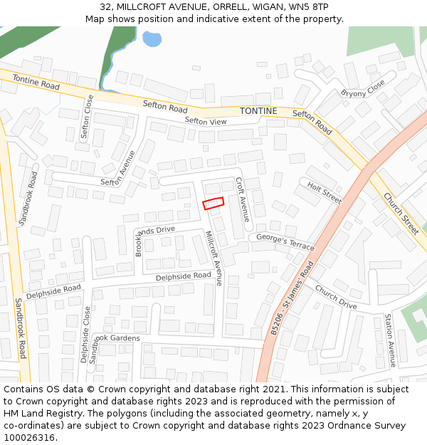 32, MILLCROFT AVENUE, ORRELL, WIGAN, WN5 8TP: Location map and indicative extent of plot