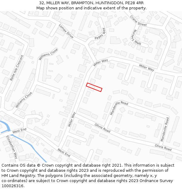 32, MILLER WAY, BRAMPTON, HUNTINGDON, PE28 4RR: Location map and indicative extent of plot