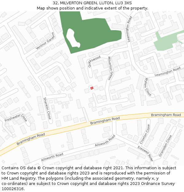 32, MILVERTON GREEN, LUTON, LU3 3XS: Location map and indicative extent of plot