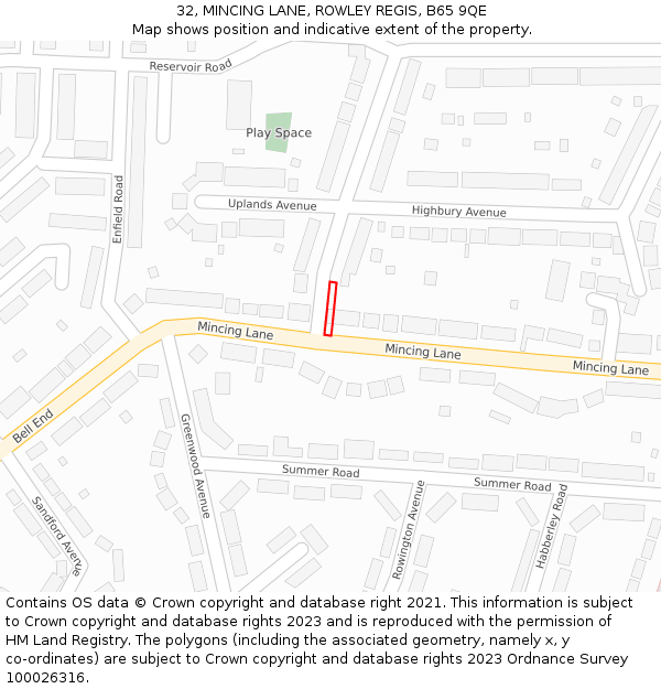 32, MINCING LANE, ROWLEY REGIS, B65 9QE: Location map and indicative extent of plot