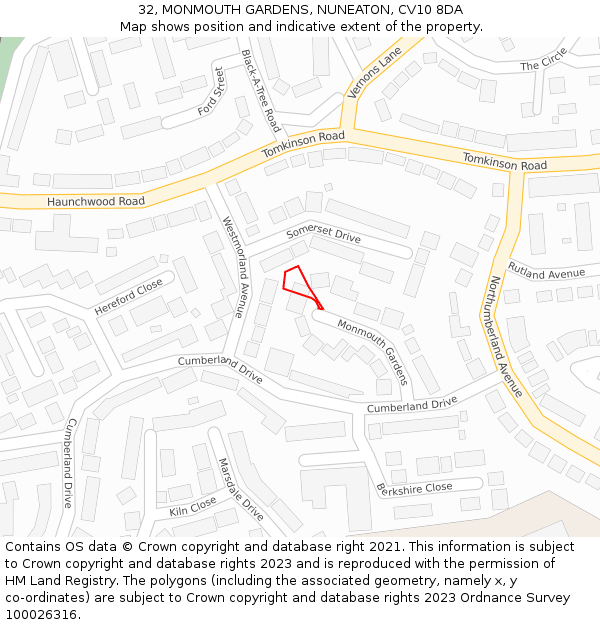 32, MONMOUTH GARDENS, NUNEATON, CV10 8DA: Location map and indicative extent of plot