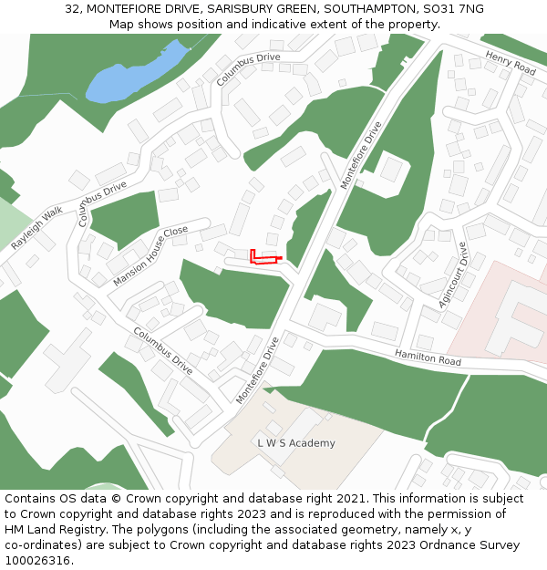 32, MONTEFIORE DRIVE, SARISBURY GREEN, SOUTHAMPTON, SO31 7NG: Location map and indicative extent of plot