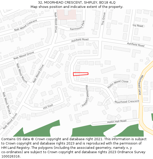 32, MOORHEAD CRESCENT, SHIPLEY, BD18 4LQ: Location map and indicative extent of plot