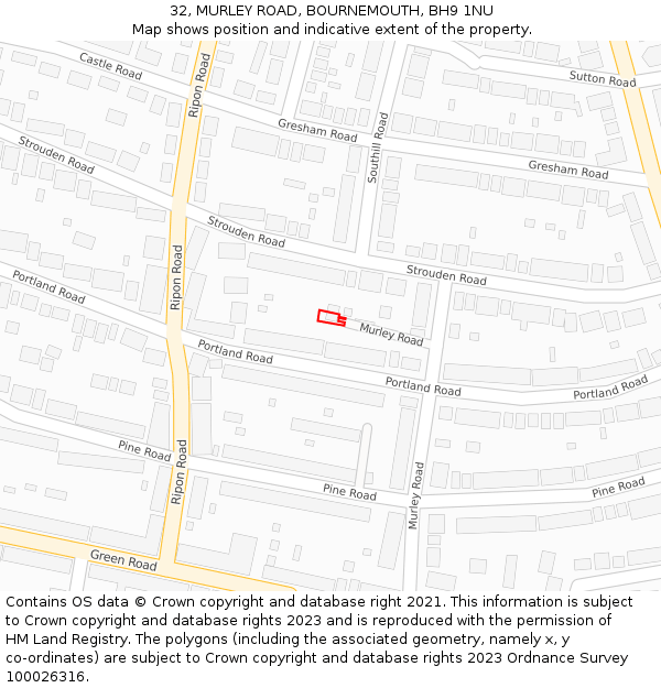 32, MURLEY ROAD, BOURNEMOUTH, BH9 1NU: Location map and indicative extent of plot