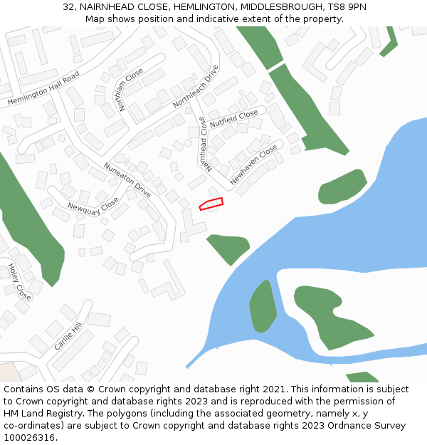 32, NAIRNHEAD CLOSE, HEMLINGTON, MIDDLESBROUGH, TS8 9PN: Location map and indicative extent of plot
