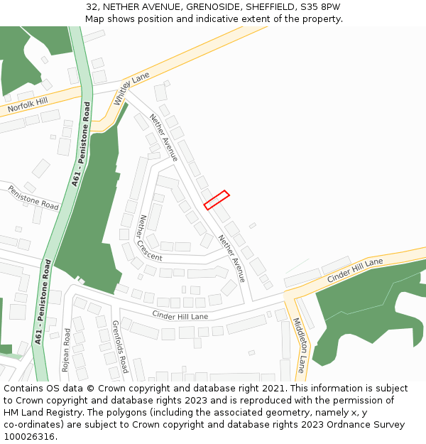 32, NETHER AVENUE, GRENOSIDE, SHEFFIELD, S35 8PW: Location map and indicative extent of plot