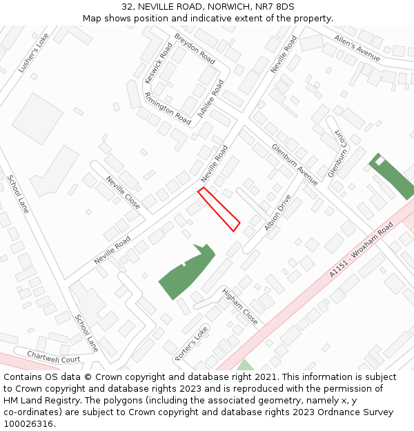 32, NEVILLE ROAD, NORWICH, NR7 8DS: Location map and indicative extent of plot
