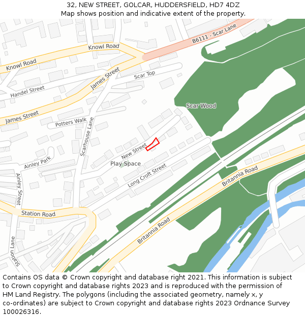 32, NEW STREET, GOLCAR, HUDDERSFIELD, HD7 4DZ: Location map and indicative extent of plot