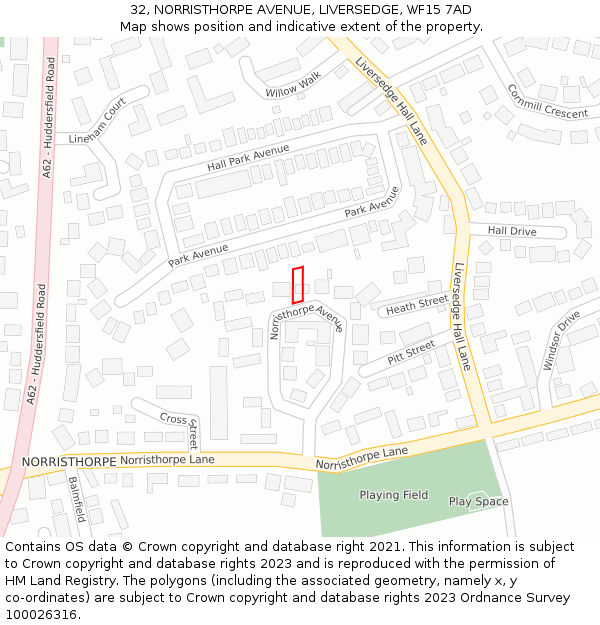 32, NORRISTHORPE AVENUE, LIVERSEDGE, WF15 7AD: Location map and indicative extent of plot