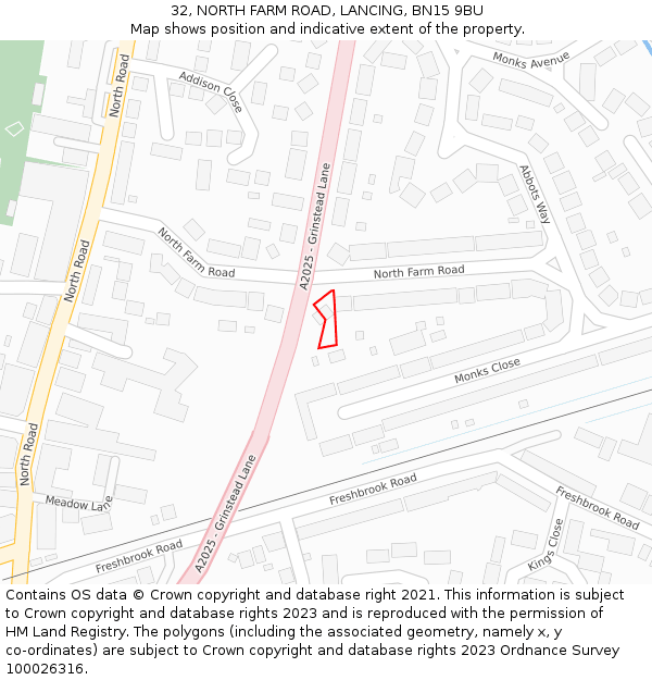 32, NORTH FARM ROAD, LANCING, BN15 9BU: Location map and indicative extent of plot