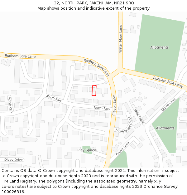 32, NORTH PARK, FAKENHAM, NR21 9RQ: Location map and indicative extent of plot