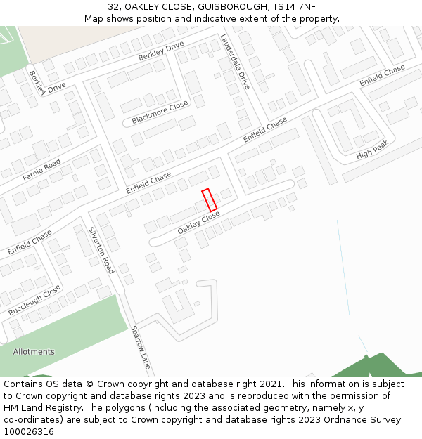 32, OAKLEY CLOSE, GUISBOROUGH, TS14 7NF: Location map and indicative extent of plot