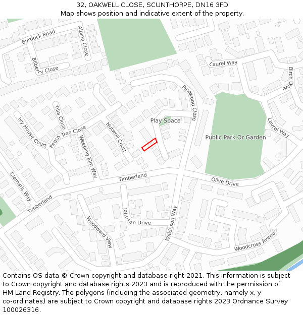 32, OAKWELL CLOSE, SCUNTHORPE, DN16 3FD: Location map and indicative extent of plot