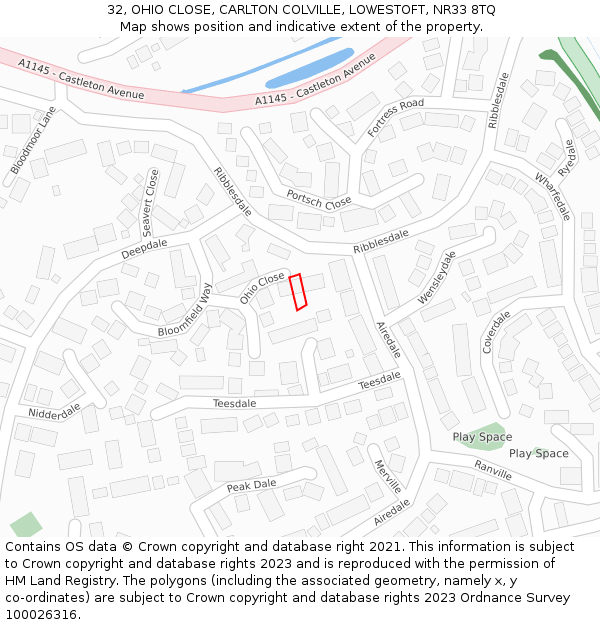 32, OHIO CLOSE, CARLTON COLVILLE, LOWESTOFT, NR33 8TQ: Location map and indicative extent of plot
