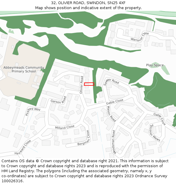 32, OLIVIER ROAD, SWINDON, SN25 4XF: Location map and indicative extent of plot