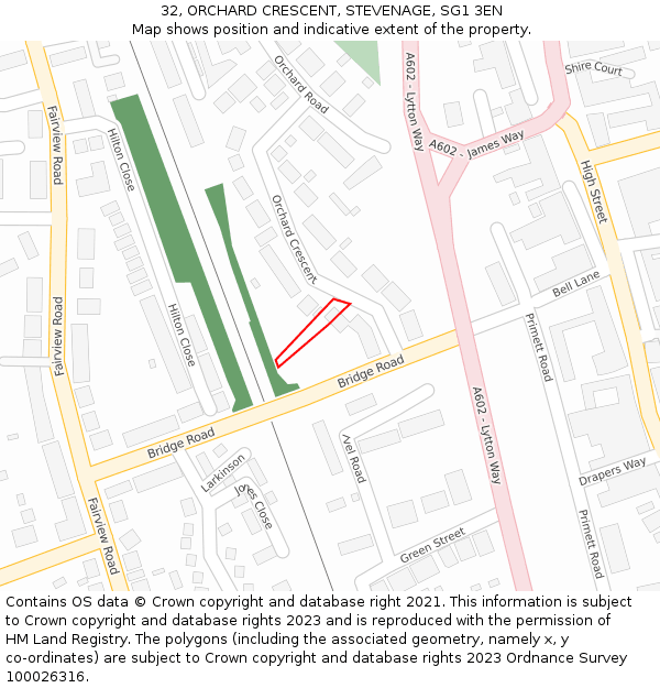 32, ORCHARD CRESCENT, STEVENAGE, SG1 3EN: Location map and indicative extent of plot