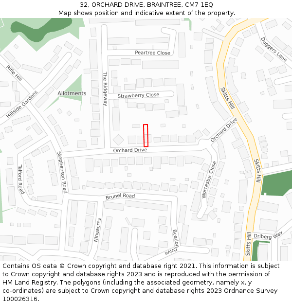 32, ORCHARD DRIVE, BRAINTREE, CM7 1EQ: Location map and indicative extent of plot