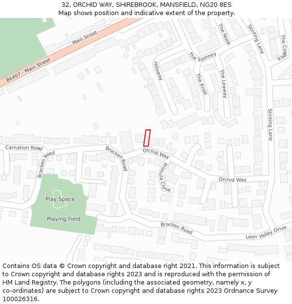 32, ORCHID WAY, SHIREBROOK, MANSFIELD, NG20 8ES: Location map and indicative extent of plot