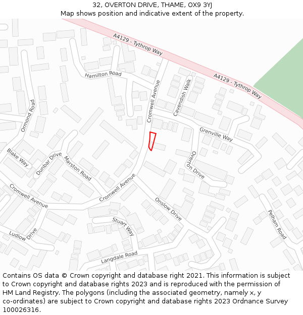 32, OVERTON DRIVE, THAME, OX9 3YJ: Location map and indicative extent of plot