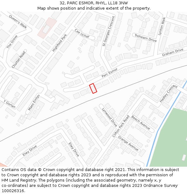 32, PARC ESMOR, RHYL, LL18 3NW: Location map and indicative extent of plot