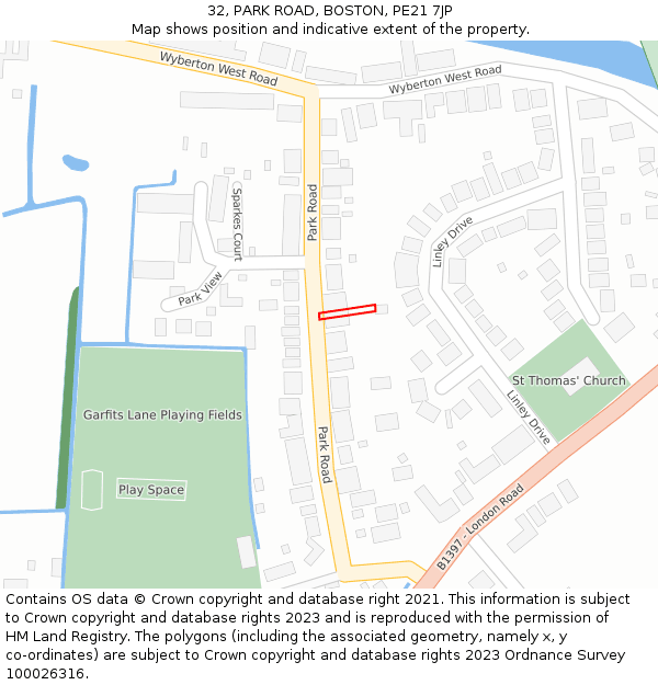 32, PARK ROAD, BOSTON, PE21 7JP: Location map and indicative extent of plot