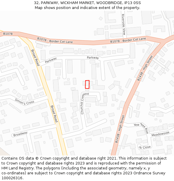 32, PARKWAY, WICKHAM MARKET, WOODBRIDGE, IP13 0SS: Location map and indicative extent of plot