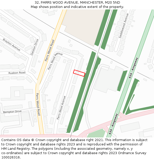 32, PARRS WOOD AVENUE, MANCHESTER, M20 5ND: Location map and indicative extent of plot