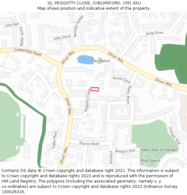 32, PEGGOTTY CLOSE, CHELMSFORD, CM1 4XU: Location map and indicative extent of plot