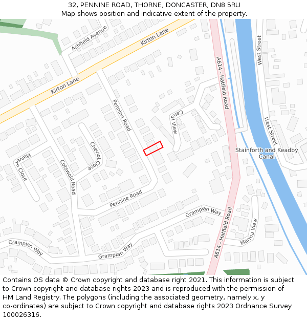 32, PENNINE ROAD, THORNE, DONCASTER, DN8 5RU: Location map and indicative extent of plot