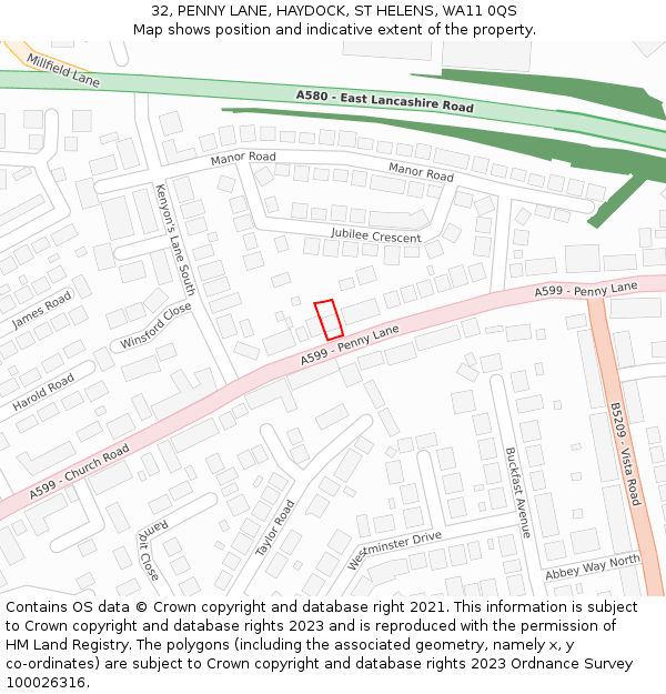 32, PENNY LANE, HAYDOCK, ST HELENS, WA11 0QS: Location map and indicative extent of plot