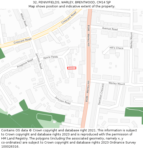 32, PENNYFIELDS, WARLEY, BRENTWOOD, CM14 5JP: Location map and indicative extent of plot