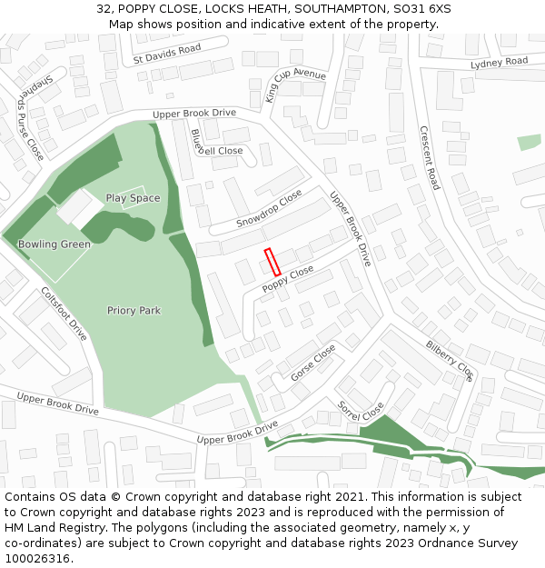 32, POPPY CLOSE, LOCKS HEATH, SOUTHAMPTON, SO31 6XS: Location map and indicative extent of plot