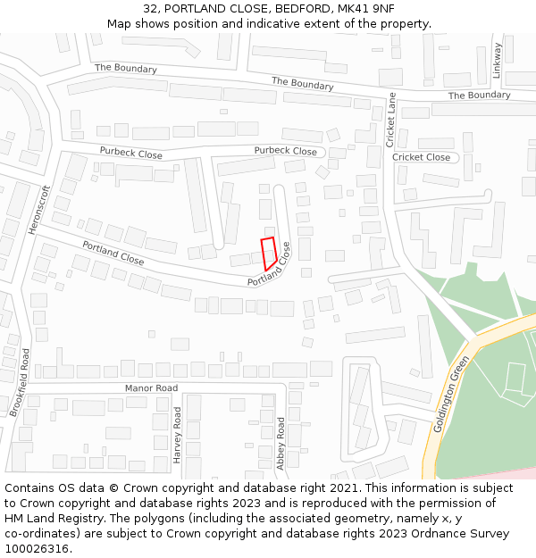 32, PORTLAND CLOSE, BEDFORD, MK41 9NF: Location map and indicative extent of plot