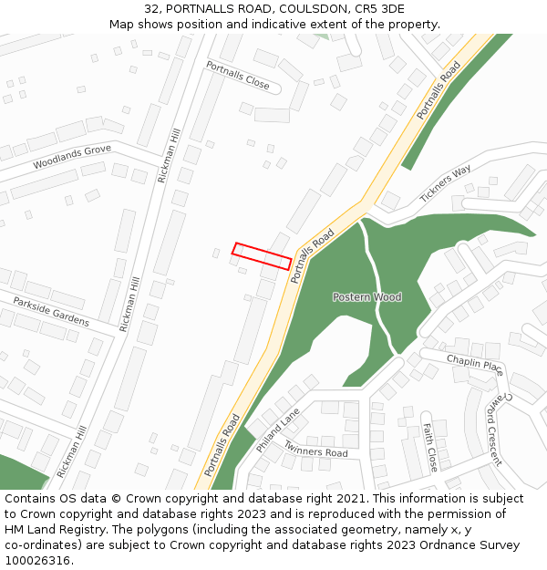 32, PORTNALLS ROAD, COULSDON, CR5 3DE: Location map and indicative extent of plot