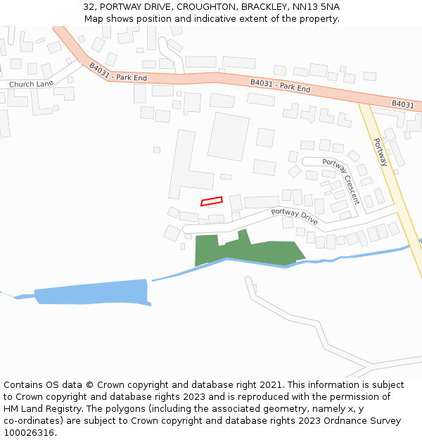 32, PORTWAY DRIVE, CROUGHTON, BRACKLEY, NN13 5NA: Location map and indicative extent of plot