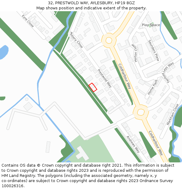 32, PRESTWOLD WAY, AYLESBURY, HP19 8GZ: Location map and indicative extent of plot
