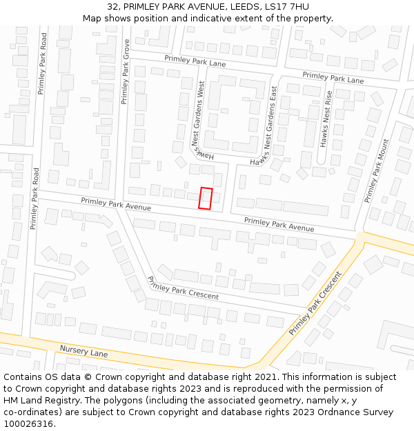 32, PRIMLEY PARK AVENUE, LEEDS, LS17 7HU: Location map and indicative extent of plot
