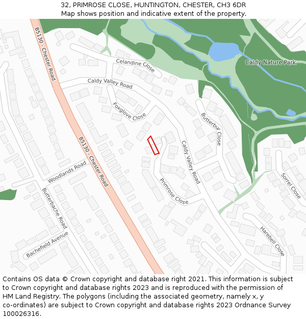 32, PRIMROSE CLOSE, HUNTINGTON, CHESTER, CH3 6DR: Location map and indicative extent of plot