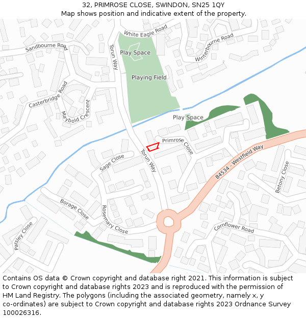 32, PRIMROSE CLOSE, SWINDON, SN25 1QY: Location map and indicative extent of plot