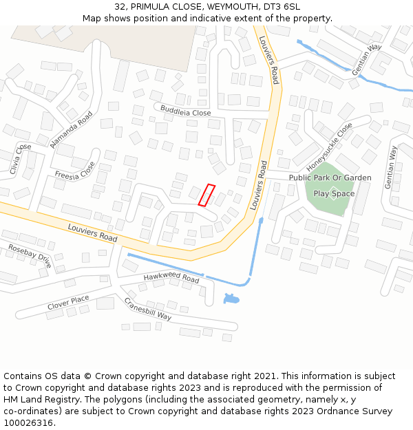 32, PRIMULA CLOSE, WEYMOUTH, DT3 6SL: Location map and indicative extent of plot