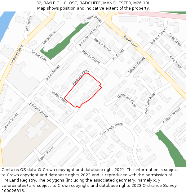 32, RAYLEIGH CLOSE, RADCLIFFE, MANCHESTER, M26 1RL: Location map and indicative extent of plot