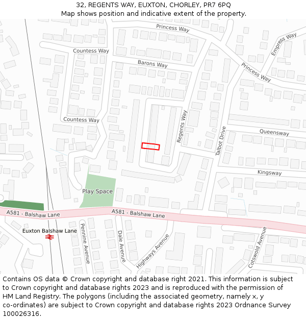 32, REGENTS WAY, EUXTON, CHORLEY, PR7 6PQ: Location map and indicative extent of plot