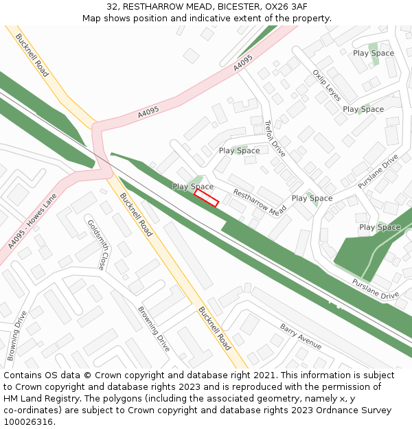 32, RESTHARROW MEAD, BICESTER, OX26 3AF: Location map and indicative extent of plot