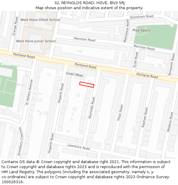 32, REYNOLDS ROAD, HOVE, BN3 5RJ: Location map and indicative extent of plot