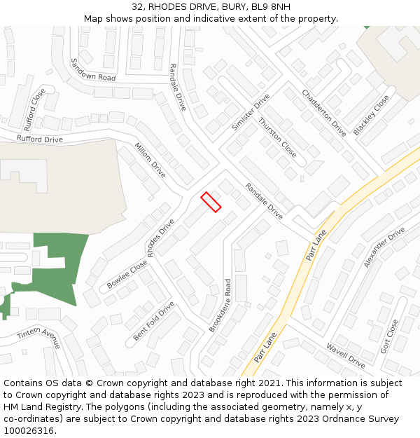 32, RHODES DRIVE, BURY, BL9 8NH: Location map and indicative extent of plot